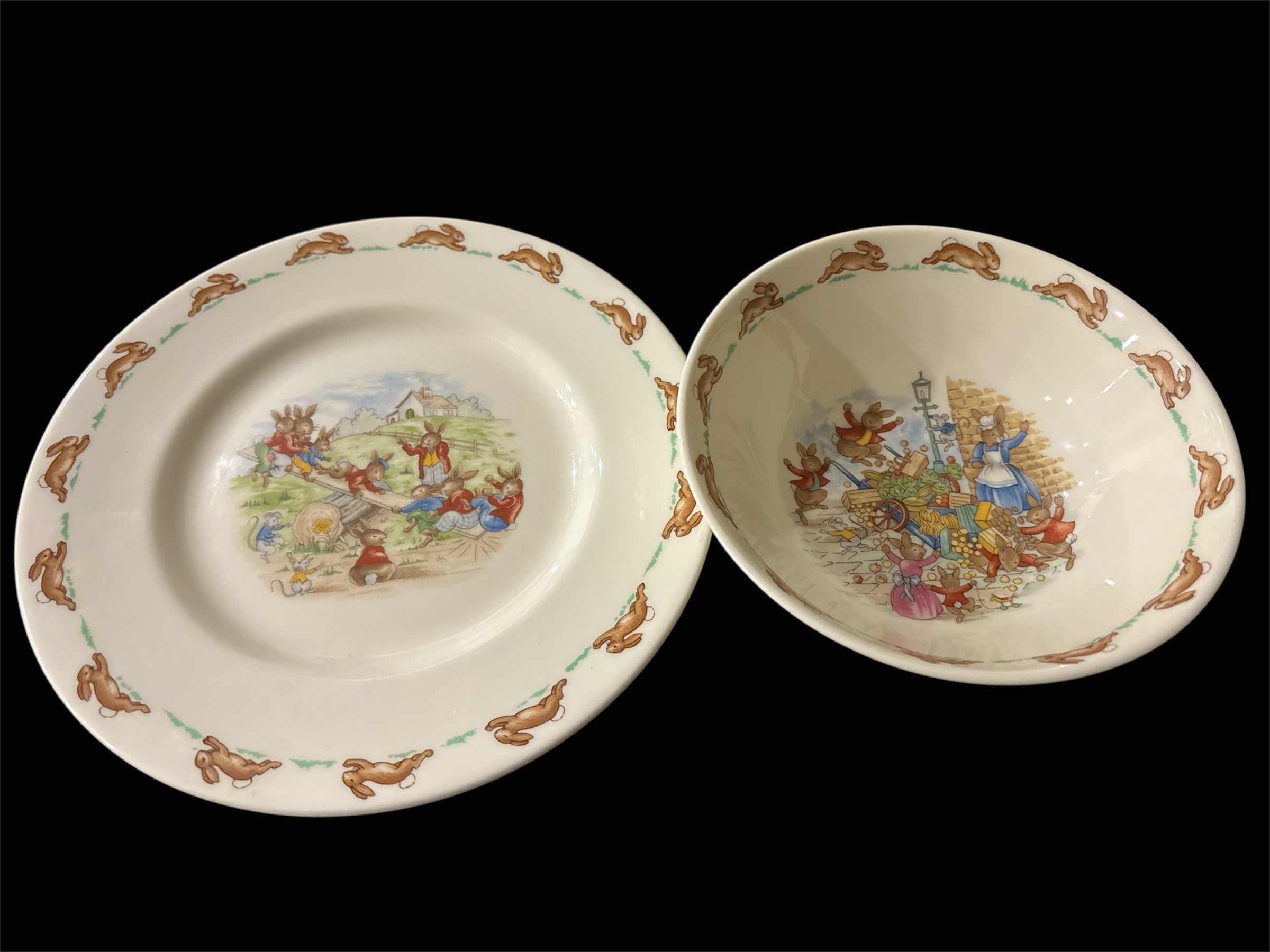 Photo 1 of BUNNYKINS (ALBION SHAPE) BY ROYAL DOULTON (ENGLAND) BONE CHINA 8” SALAD PLATE, SEESAW DESIGN & 6.5” FRUIT/DESSERT BOWL, TOPPLING CART DESIGN