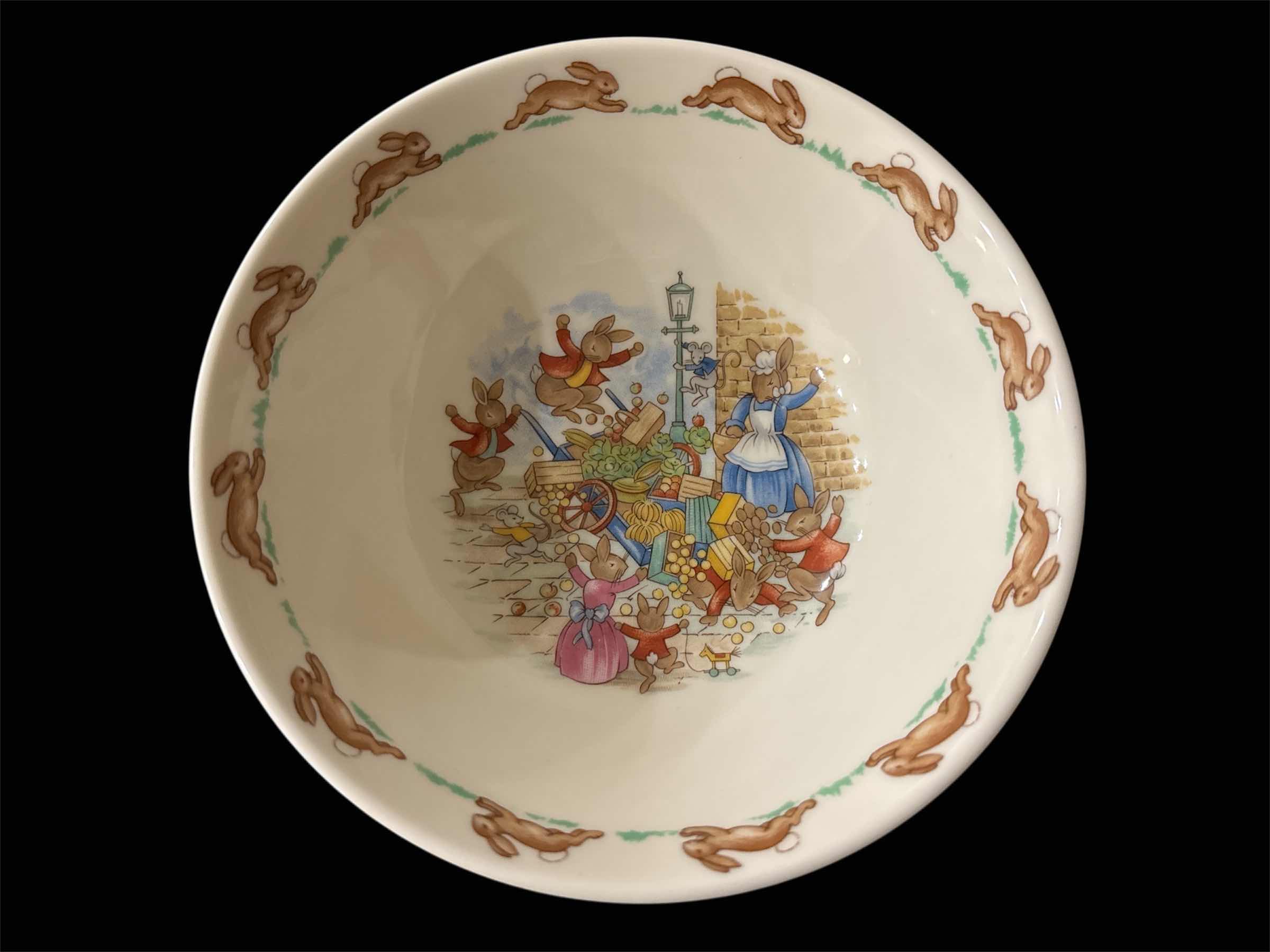 Photo 1 of BUNNYKINS (ALBION SHAPE) BY ROYAL DOULTON (ENGLAND) BONE CHINA 8” SALAD PLATE, SEESAW DESIGN & 6.5” FRUIT/DESSERT BOWL, TOPPLING CART DESIGN