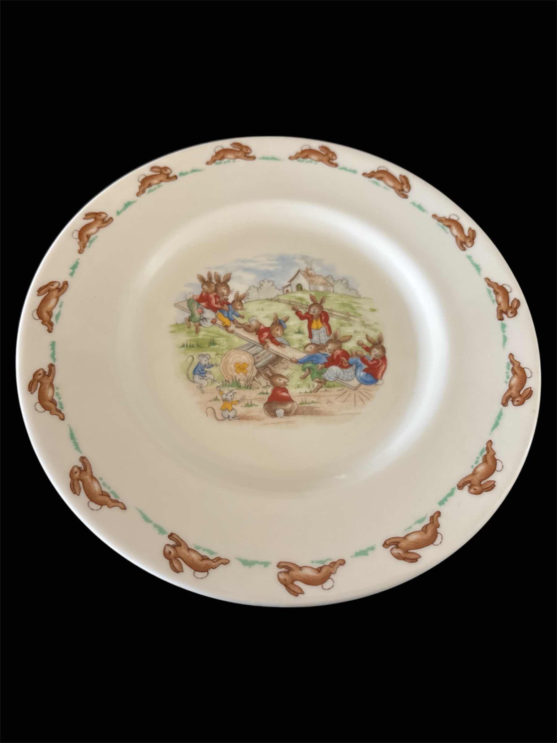 Photo 1 of BUNNYKINS (ALBION SHAPE) BY ROYAL DOULTON (ENGLAND) BONE CHINA 8” SALAD PLATE, SEESAW DESIGN & 6.5” FRUIT/DESSERT BOWL, TOPPLING CART DESIGN