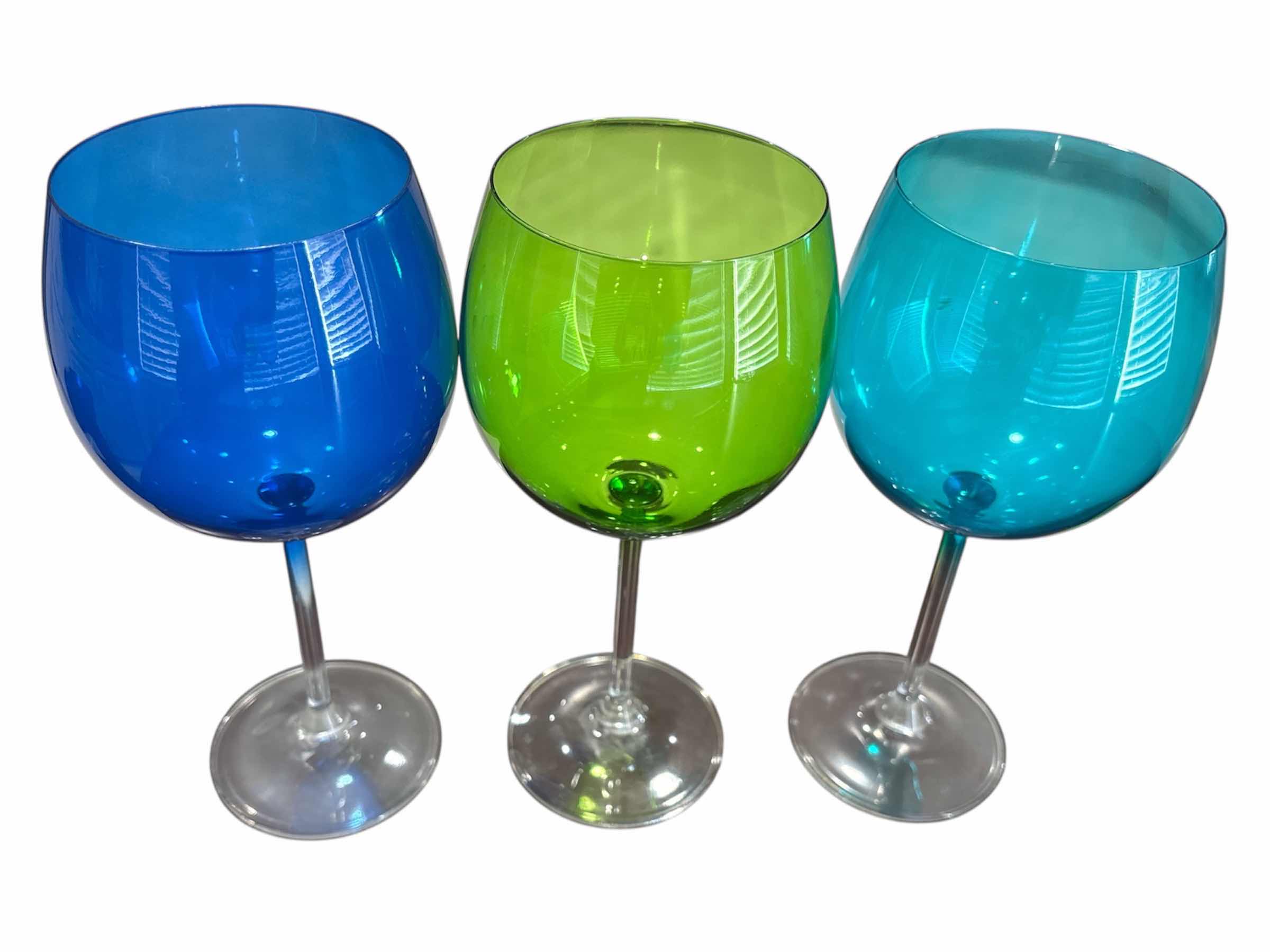 Photo 1 of CRATE & BARREL 8.75” STEMMED BALLOON WINE GLASSES, SET OF 5 (COBALT, LIME & AQUA)