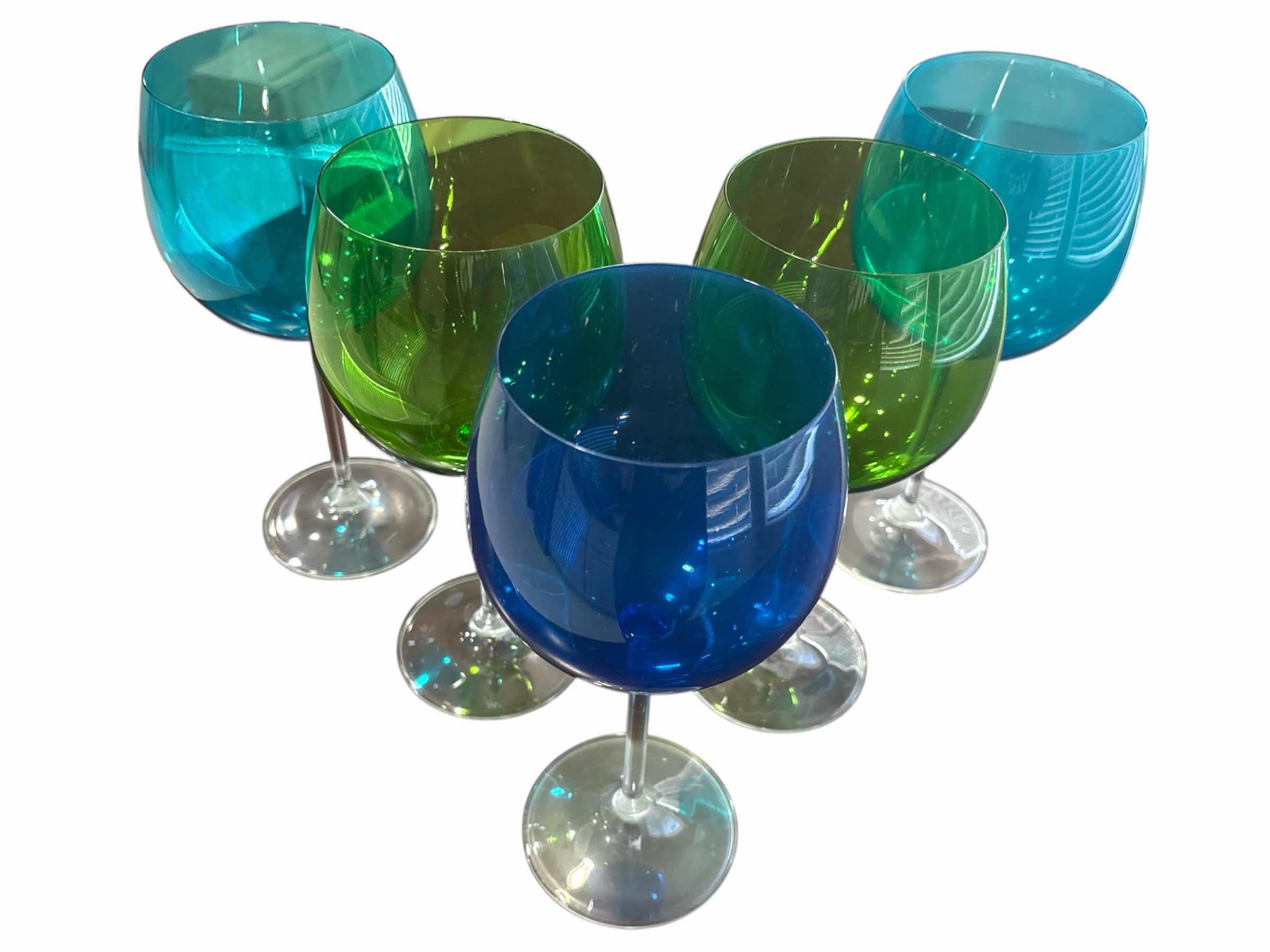 Photo 1 of CRATE & BARREL 8.75” STEMMED BALLOON WINE GLASSES, SET OF 5 (COBALT, LIME & AQUA)