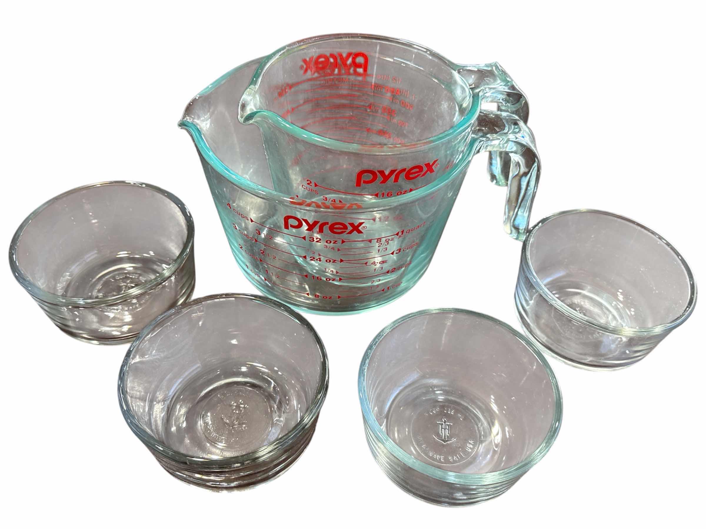 Photo 1 of PYREX GLASS MEASURING CUPS (2 CUP/4 CUP) & ANCHOR HOCKING CLEAR GLASS PREP BOWL SET OF 4 (1 CUP)