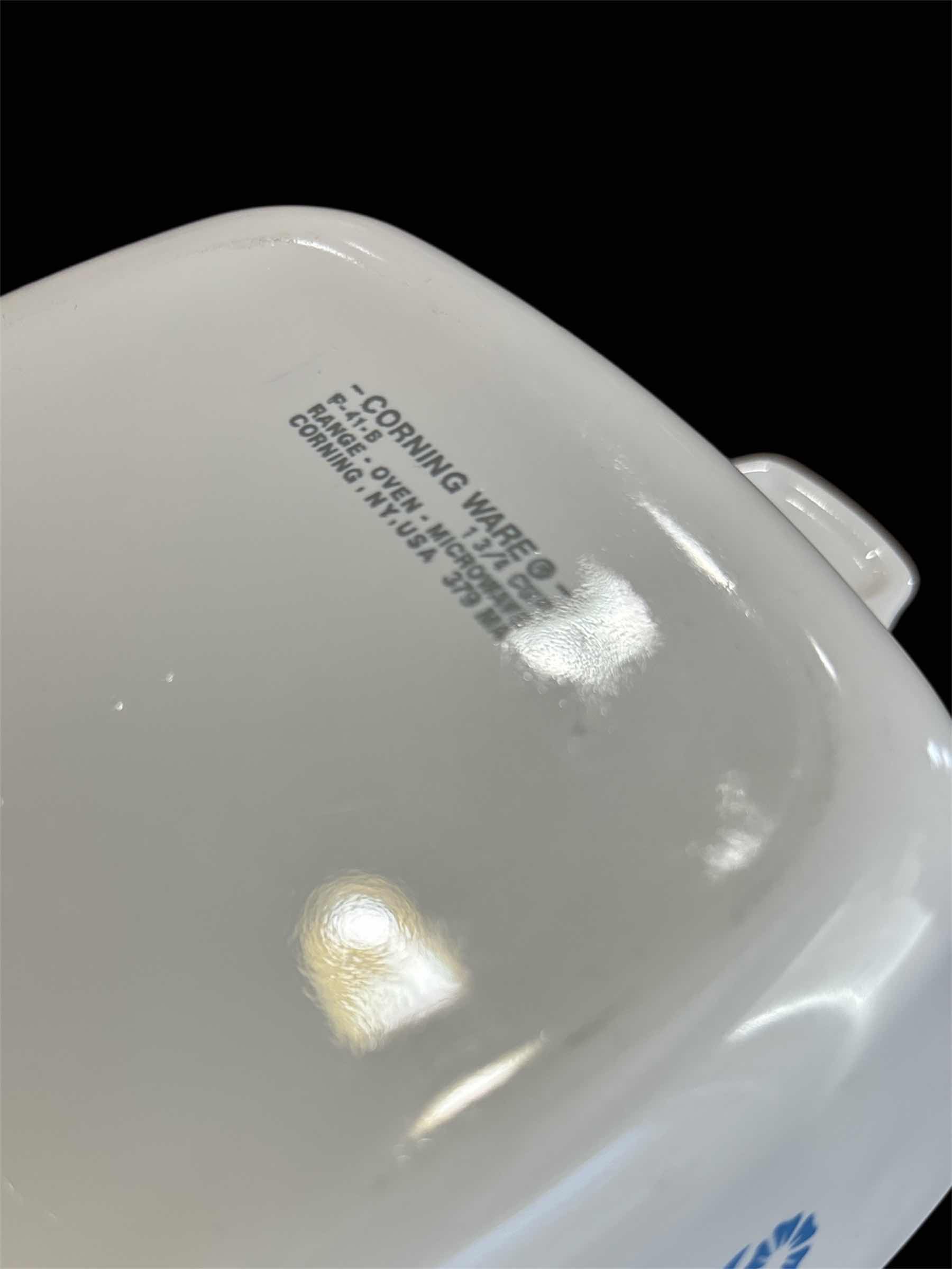 Photo 1 of BAKEWARE/CORNING WARE (3 PCS), GREAT GATHERINGS 8” SQUARE BAKING DISH, CORNING WARE WHITE OVAL SMALL CASSEROLE DISH 475 ml (F-15-B), VINTAGE CORNING WARE PETITE CORNFLOWER BLUE PAN 1.75 CUP (P-41-B)