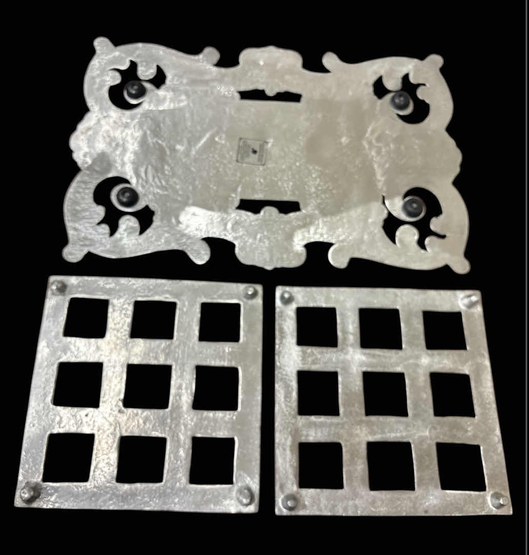 Photo 1 of HOLLAND BOONE POLISHED RECTANGULAR PEWTER TRIVET/HOT PLATE 13.5” X 9” & 2 PCS SQUARE PEWTER TRIVET/HOT PLATES 6.75” X 6.75”
