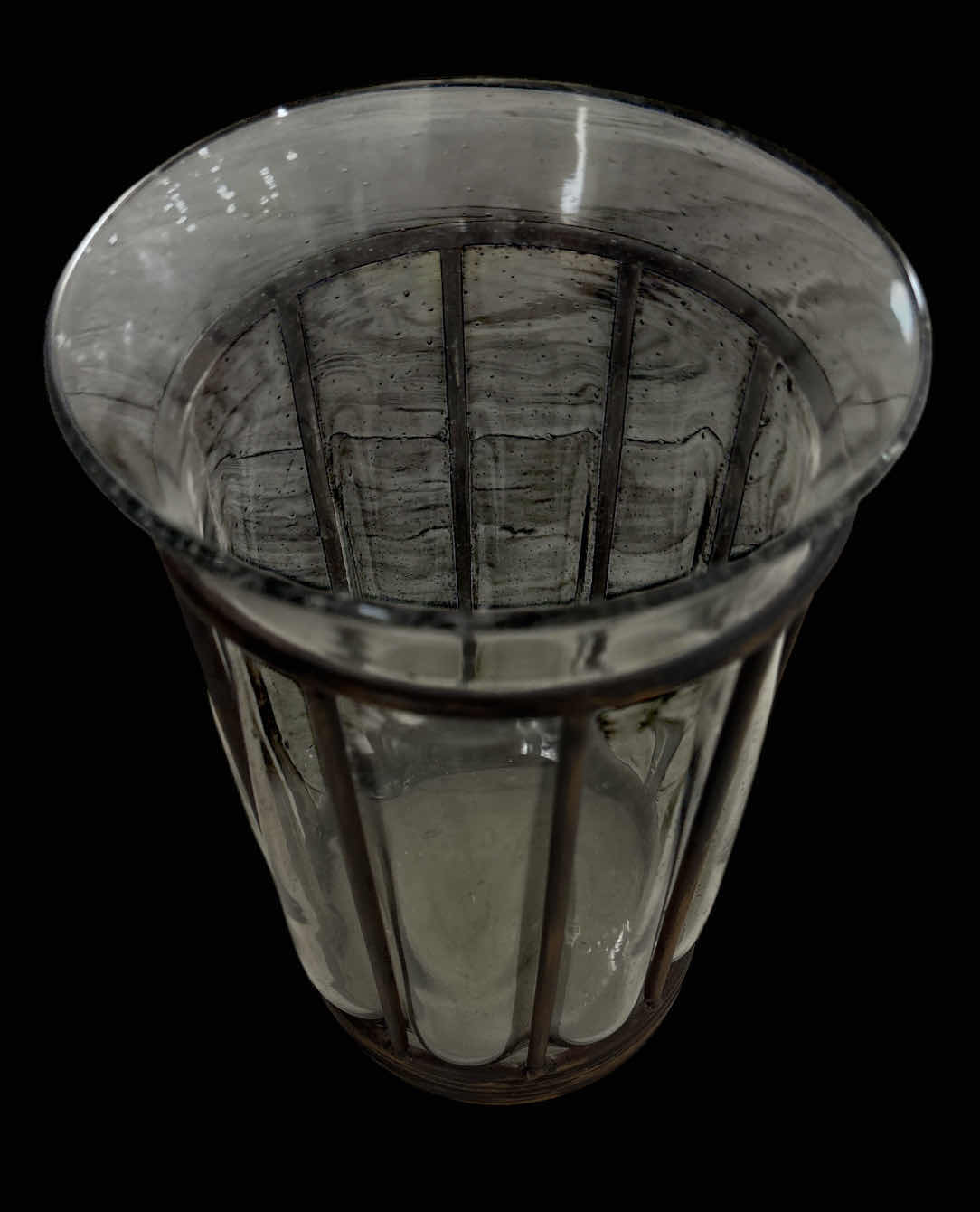 Photo 1 of CRATE & BARREL BURNISHED BRONZE HAND BLOWN CAGED GLASS VASE/CANDLE HOLDER 7.25” X H12.25”