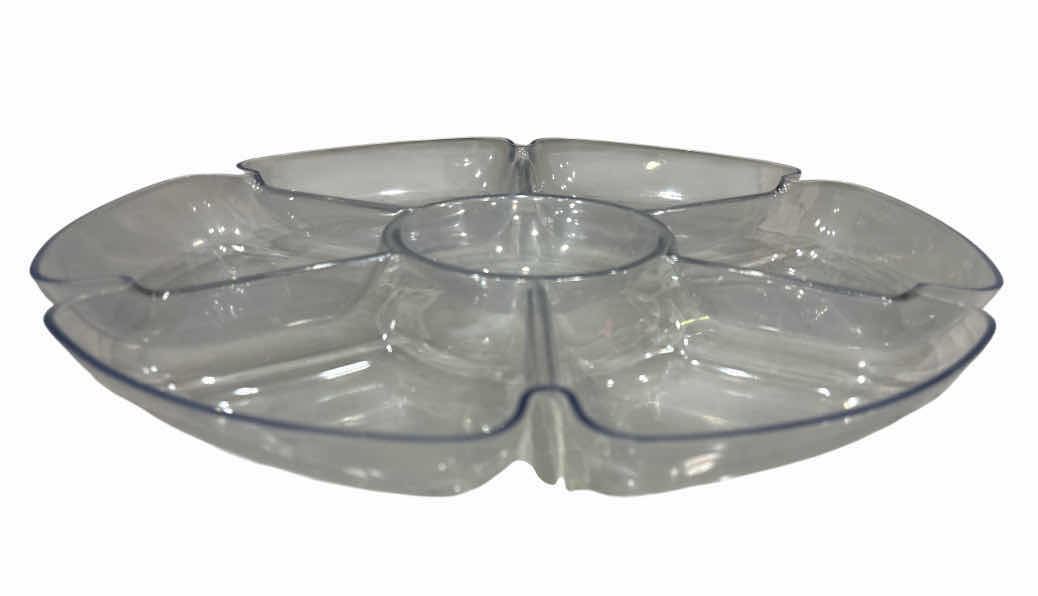 Photo 1 of ASSORTED PLASTIC PLATTERS & LARGE BOWL 3 PCS, DIVIDER PLATTER 16.5”, 18” FLAT CRYSTAL CUT PLATTER & 18” CABBAGE BOWL
