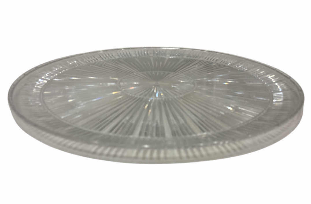 Photo 1 of ASSORTED PLASTIC PLATTERS & LARGE BOWL 3 PCS, DIVIDER PLATTER 16.5”, 18” FLAT CRYSTAL CUT PLATTER & 18” CABBAGE BOWL