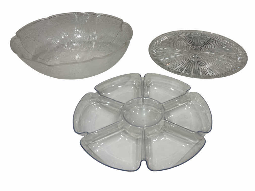Photo 1 of ASSORTED PLASTIC PLATTERS & LARGE BOWL 3 PCS, DIVIDER PLATTER 16.5”, 18” FLAT CRYSTAL CUT PLATTER & 18” CABBAGE BOWL