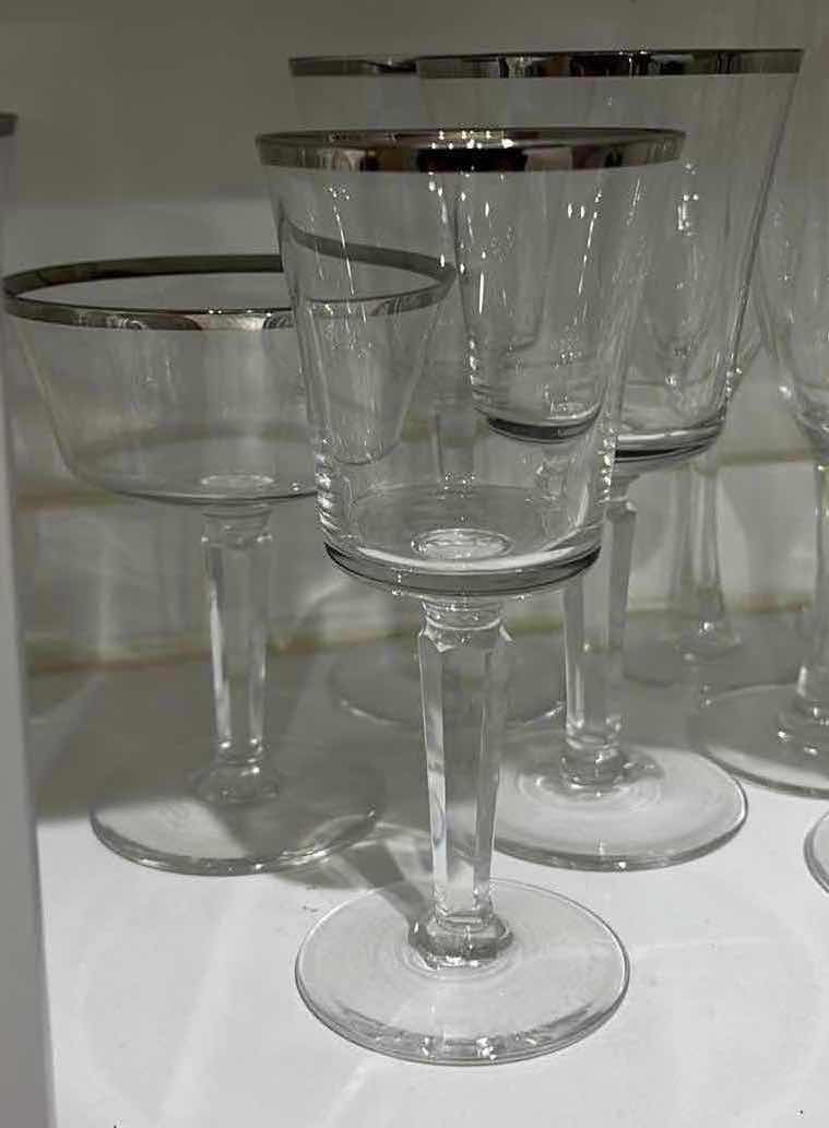 Photo 1 of SOLITAIRE (PLATINUM TRIM) BY LENOX 4 PCS, 7” WATER GOBLET (2), 6.5” WINE GLASS (1) & 5” CHAMPAGNE/TALL SHERBET
