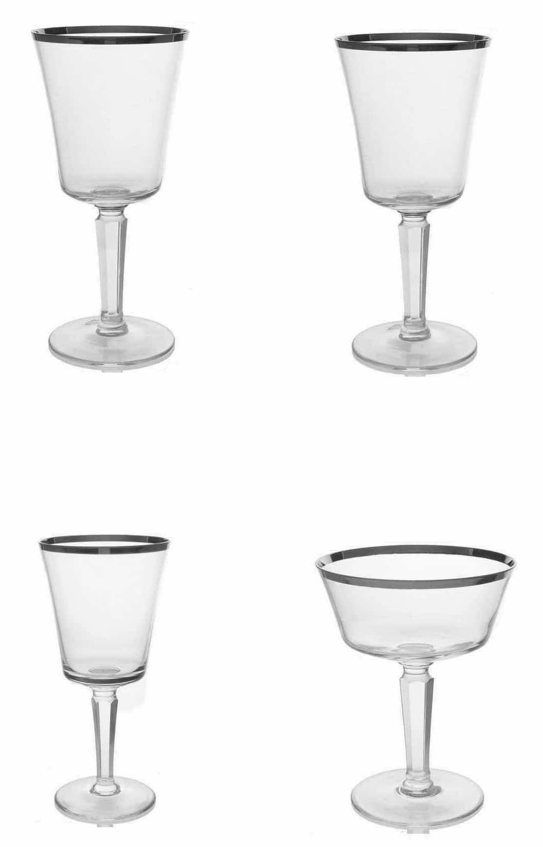 Photo 1 of SOLITAIRE (PLATINUM TRIM) BY LENOX 4 PCS, 7” WATER GOBLET (2), 6.5” WINE GLASS (1) & 5” CHAMPAGNE/TALL SHERBET