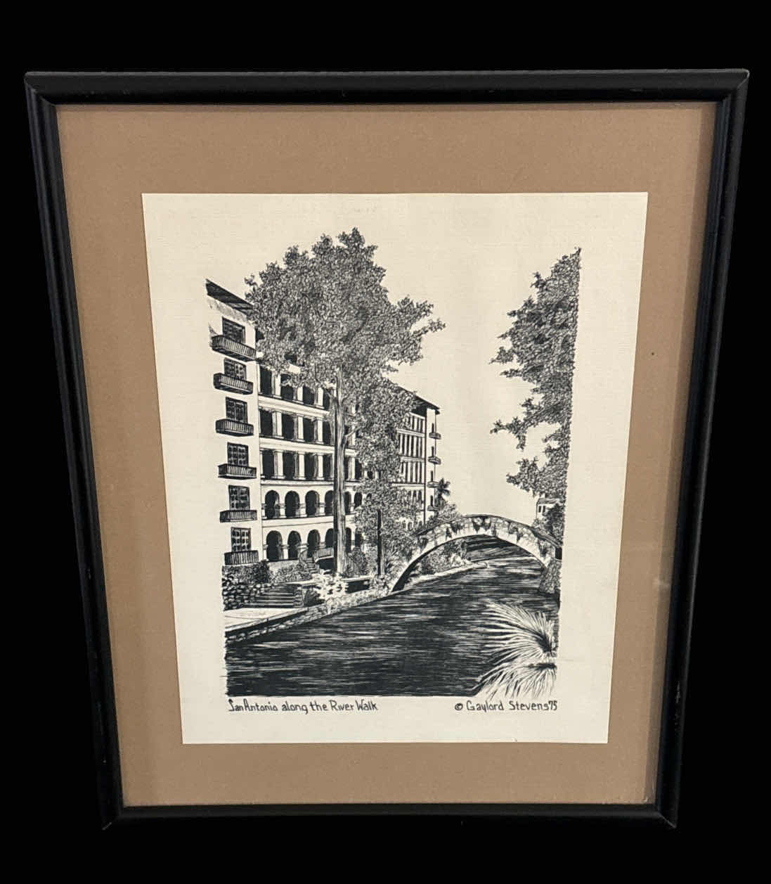Photo 1 of GAYLORD STEVEN SIGNED INK DRAWING FRAMED ART, SAN ANTONIO ALONG THE RIVER WALK 11.5” X 14.75”