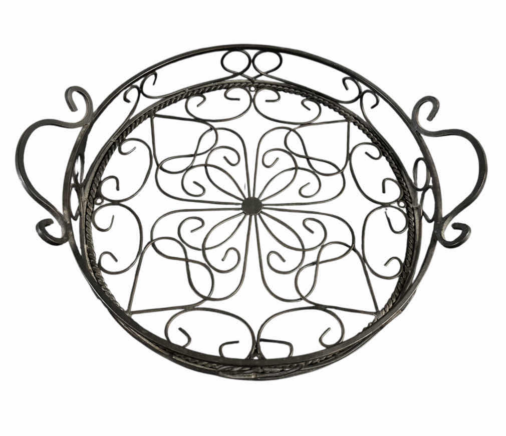 Photo 1 of SOUTHERN LIVING AT HOME JAMESTOWN 14” ROUND WROUGHT IRON TRAY W FOOTED HANDLES & ACANTHUS CENTERPIECE W 2 VOTIVE CANDLE HOLDERS 10.5” 10.75” H14”