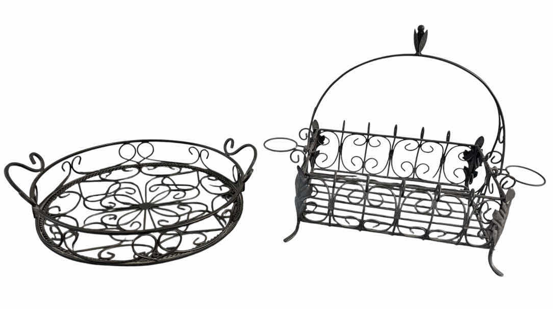 Photo 1 of SOUTHERN LIVING AT HOME JAMESTOWN 14” ROUND WROUGHT IRON TRAY W FOOTED HANDLES & ACANTHUS CENTERPIECE W 2 VOTIVE CANDLE HOLDERS 10.5” 10.75” H14”