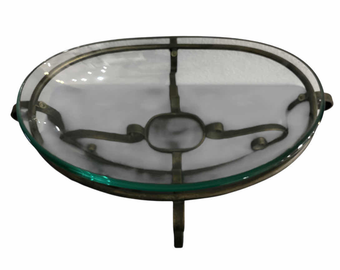 Photo 1 of IRON SCROLL STAND W OVAL TEMPERED GLASS BOWL, BRUSHED BRONZE 25.5” X 18.5” H11”