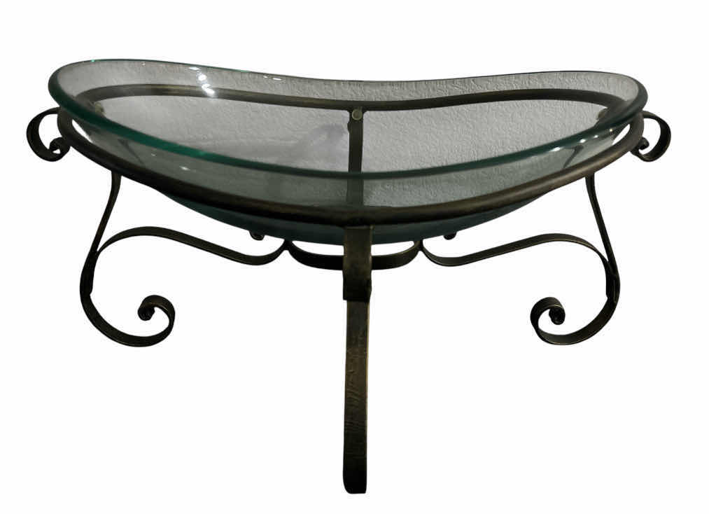 Photo 1 of IRON SCROLL STAND W OVAL TEMPERED GLASS BOWL, BRUSHED BRONZE 25.5” X 18.5” H11”