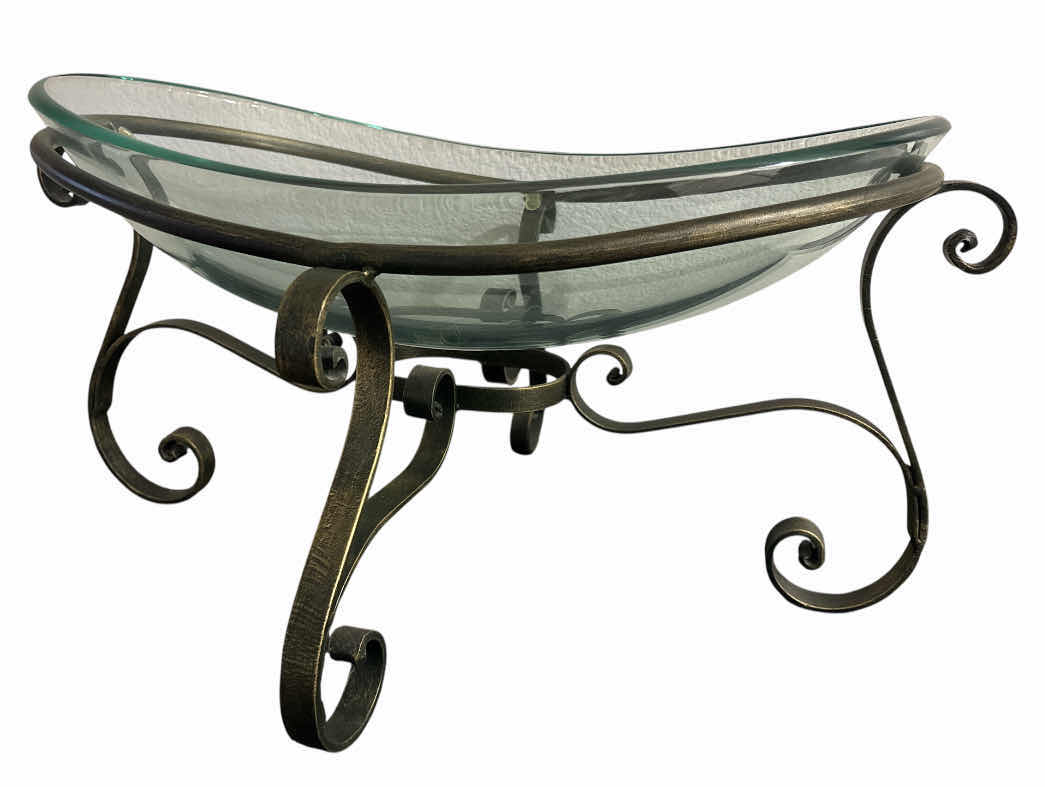 Photo 1 of IRON SCROLL STAND W OVAL TEMPERED GLASS BOWL, BRUSHED BRONZE 25.5” X 18.5” H11”