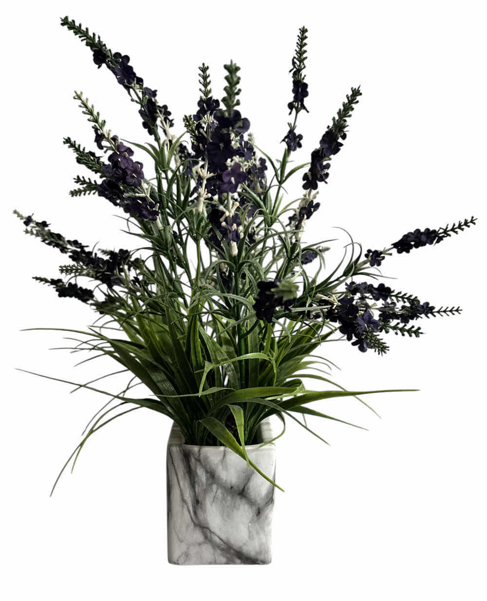 Photo 1 of FAUX LAVENDER PLANT ARRANGEMENT & MARBLE STYLE PLANTER  22” X 17” H16”