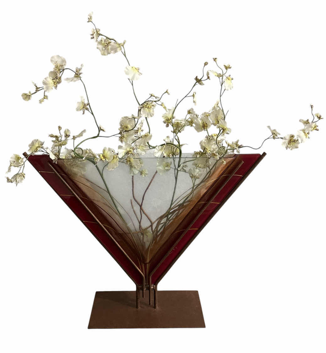 Photo 1 of ABSTRACT VASE W COPPER BASE & SLUMPED GLASS BY MARK HINES DESIGNS (TL78), RED/COPPER  6” X 22” X H17.5”