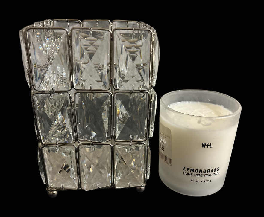Photo 1 of SILVER/CRYSTAL CANDLE HOLDER 5” X 5” H7.25” & WOLF + LAMB LEMONGRASS PURE ESSENTIAL OILS CANDLE