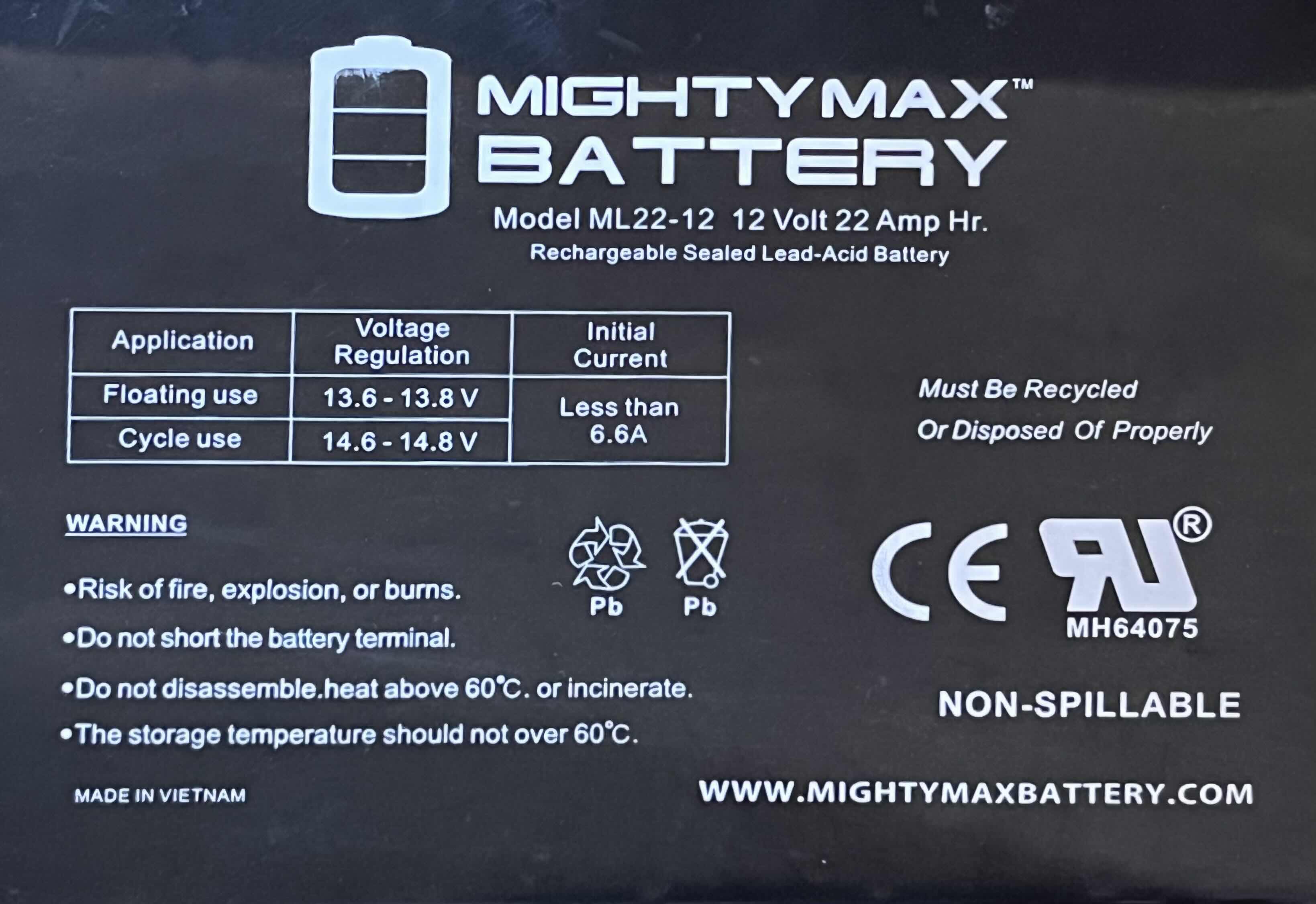 Photo 1 of MIGHTY MAX 12V 22AMP RECHARGEABLE BATTERY ML-22-12