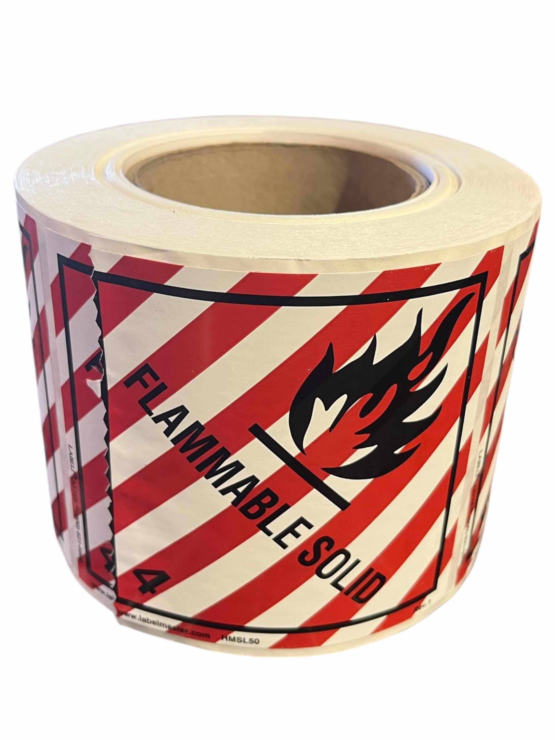 Photo 1 of LABEL MASTER HAZARD CLASS 4 FLAMMABLE SOLID DOT/SHIPPING 500CT 4” ADHESIVE LABEL ROLL HMSL50