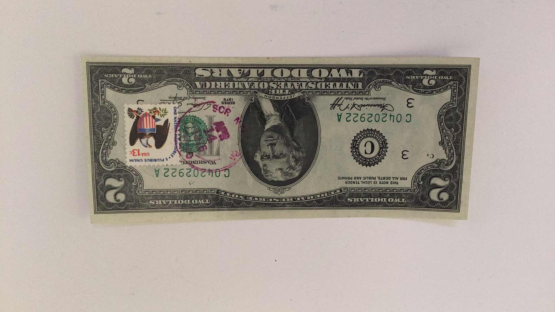 Photo 1 of 1976 UNITED STATES $2 BILL WITH STAMP, BILL IS LAMINATED