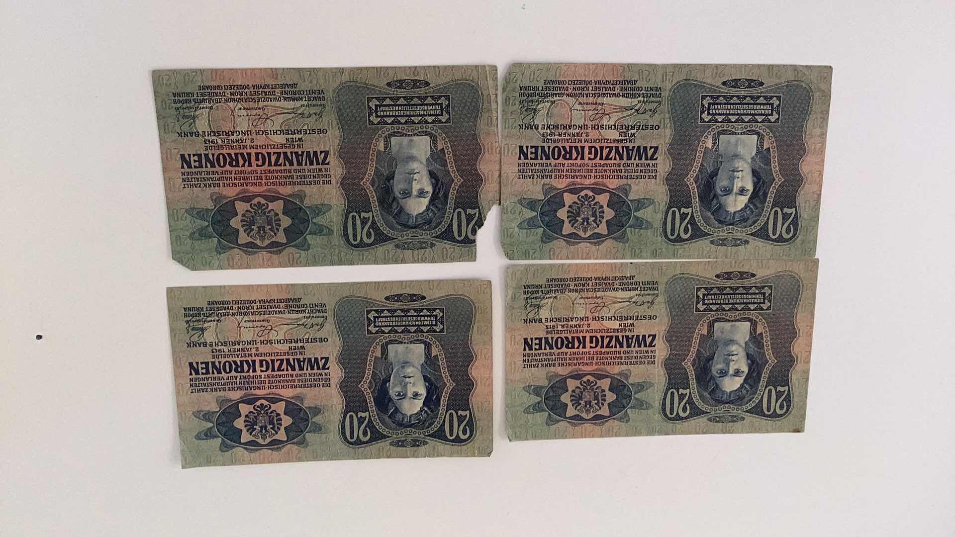 Photo 1 of 4 1913 AUSTRIA 20 KRONEN BANKNOTES