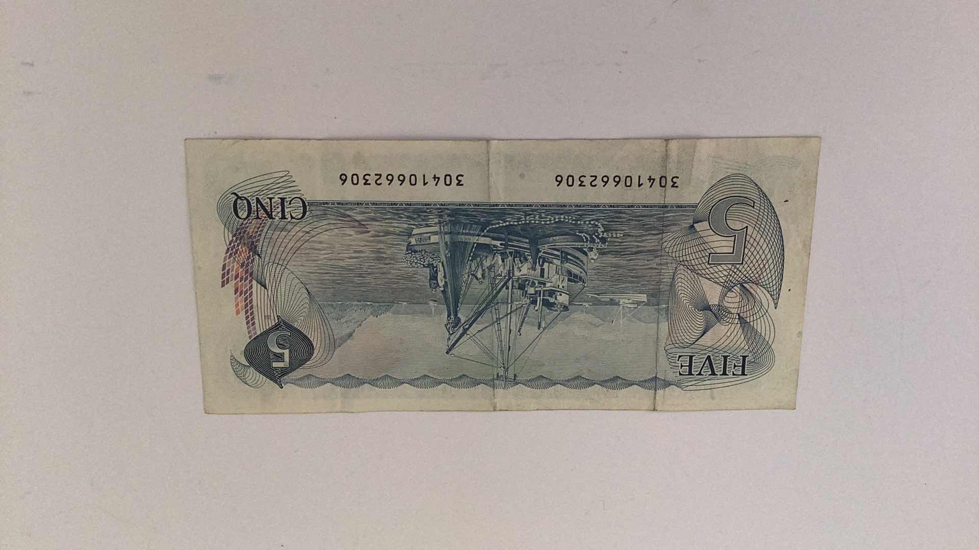Photo 1 of 1970’S BANK OF CANADA 5 DOLLARS BILL