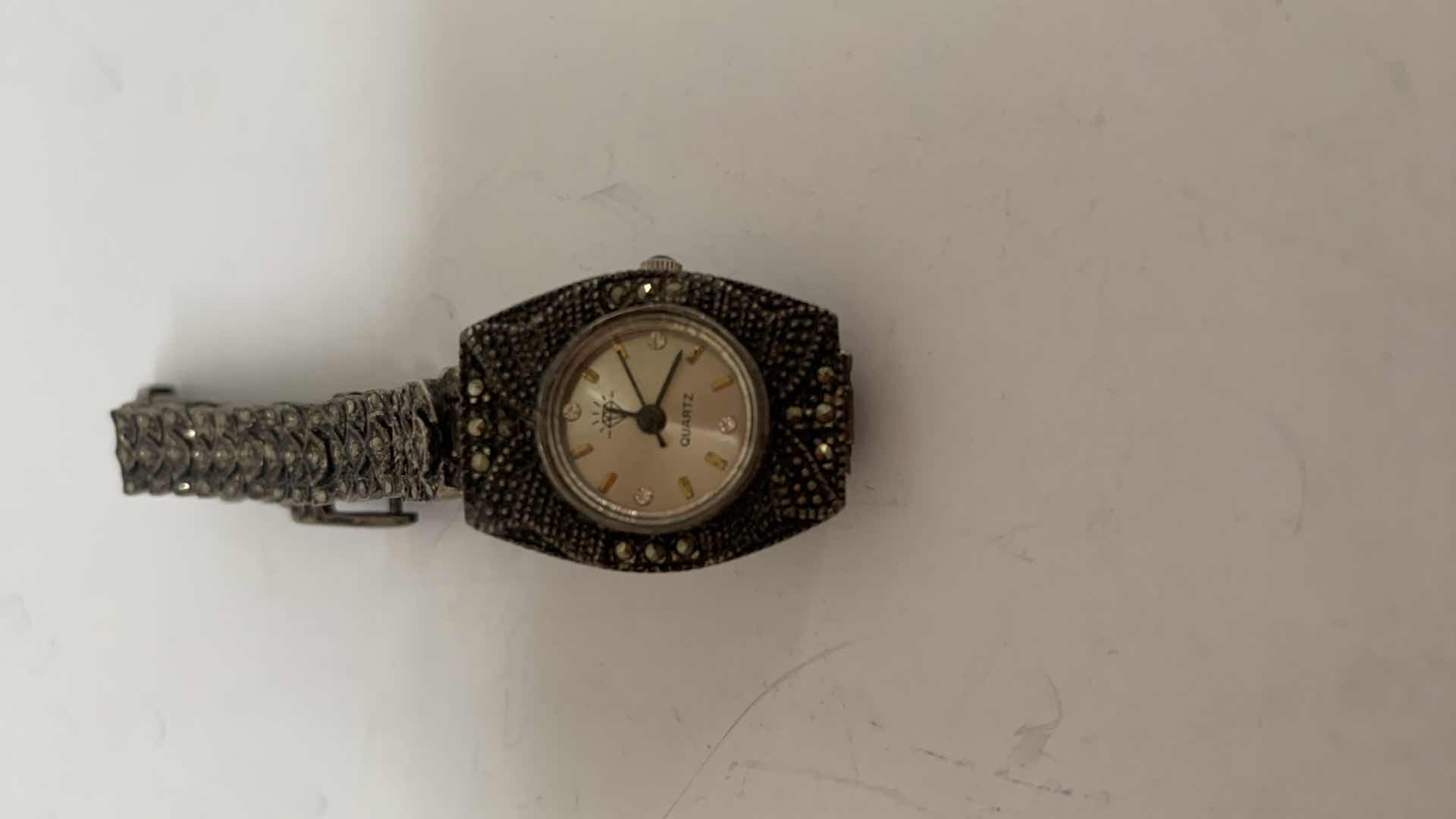 Photo 1 of ANTIQUE STERLING SILVER DIAMOND QUARTZ WATCH W MARCASITE GEM STONES