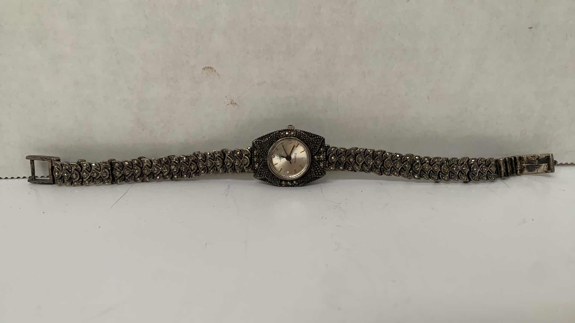 Photo 1 of ANTIQUE STERLING SILVER DIAMOND QUARTZ WATCH W MARCASITE GEM STONES