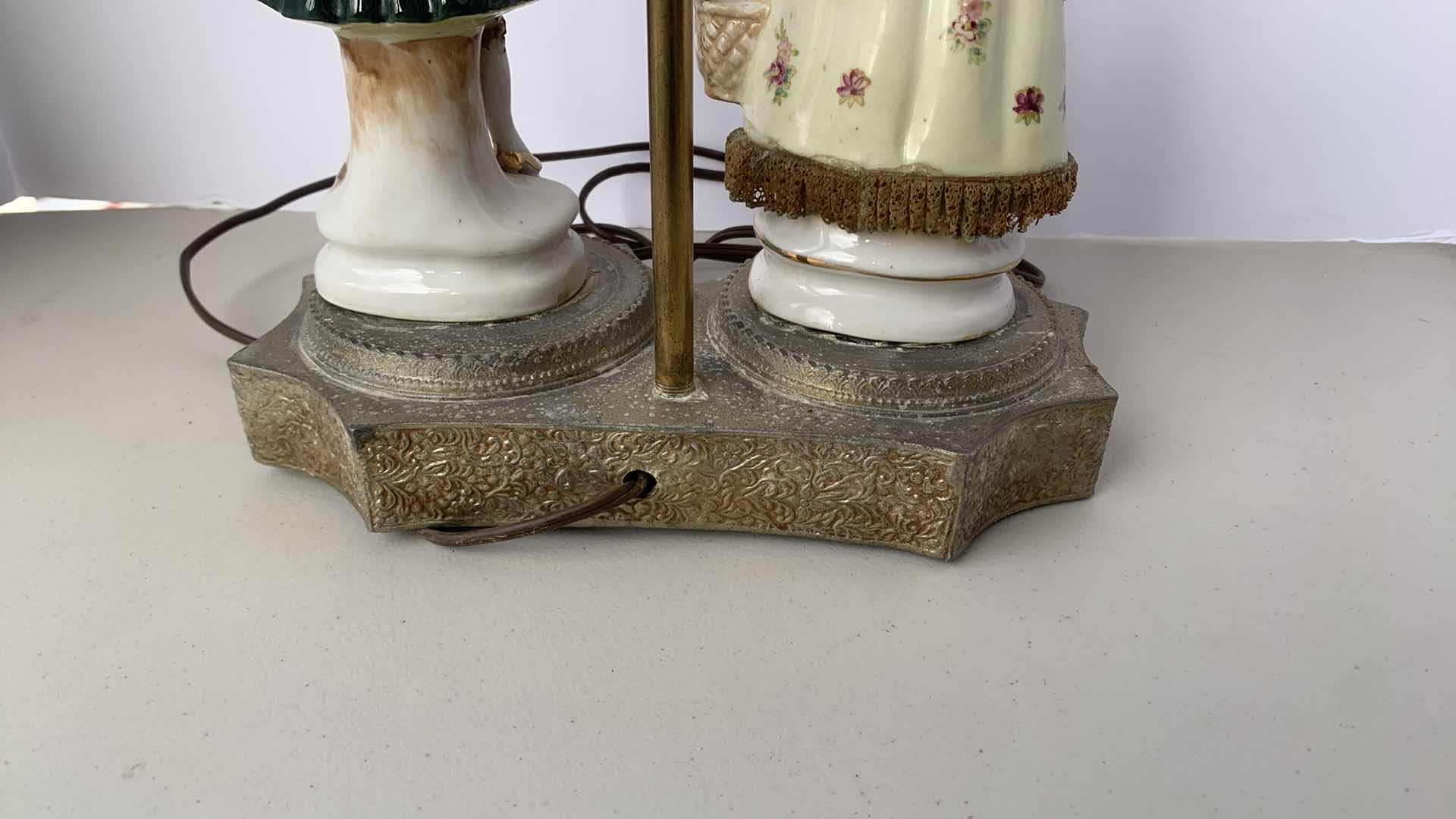 Photo 1 of ANTIQUE HANDPAINTED PORCELAIN FIGURINE ON ETCHED METAL BASE LAMP FIXTURE, H 22”
