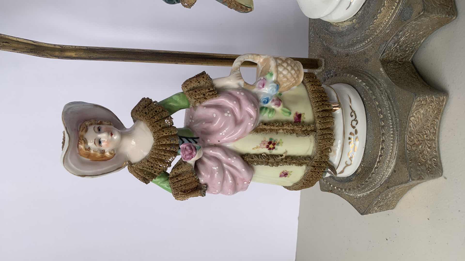 Photo 1 of ANTIQUE HANDPAINTED PORCELAIN FIGURINE ON ETCHED METAL BASE LAMP FIXTURE, H 22”