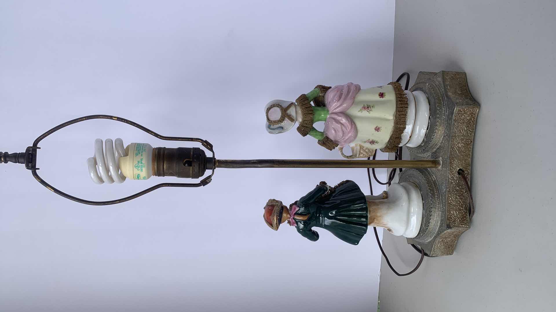 Photo 1 of ANTIQUE HANDPAINTED PORCELAIN FIGURINE ON ETCHED METAL BASE LAMP FIXTURE, H 22”