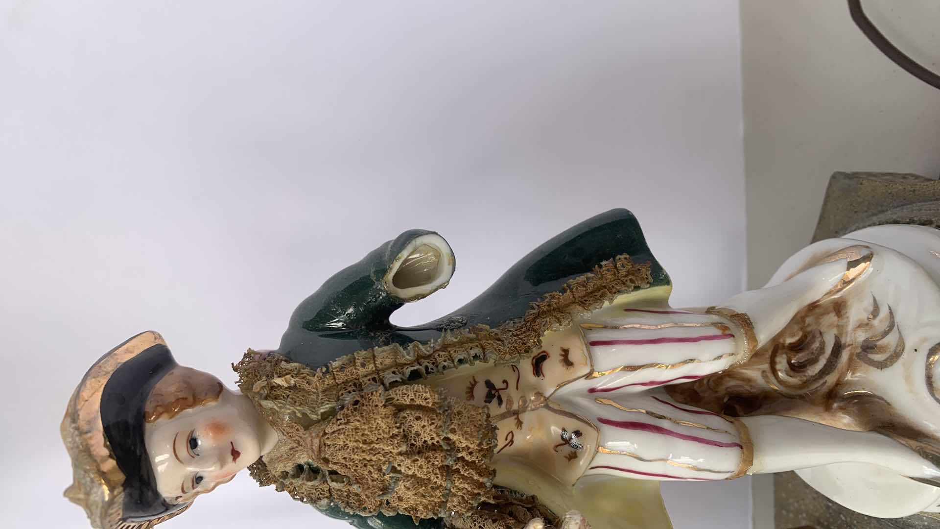 Photo 1 of ANTIQUE HANDPAINTED PORCELAIN FIGURINE ON ETCHED METAL BASE LAMP FIXTURE, H 22”