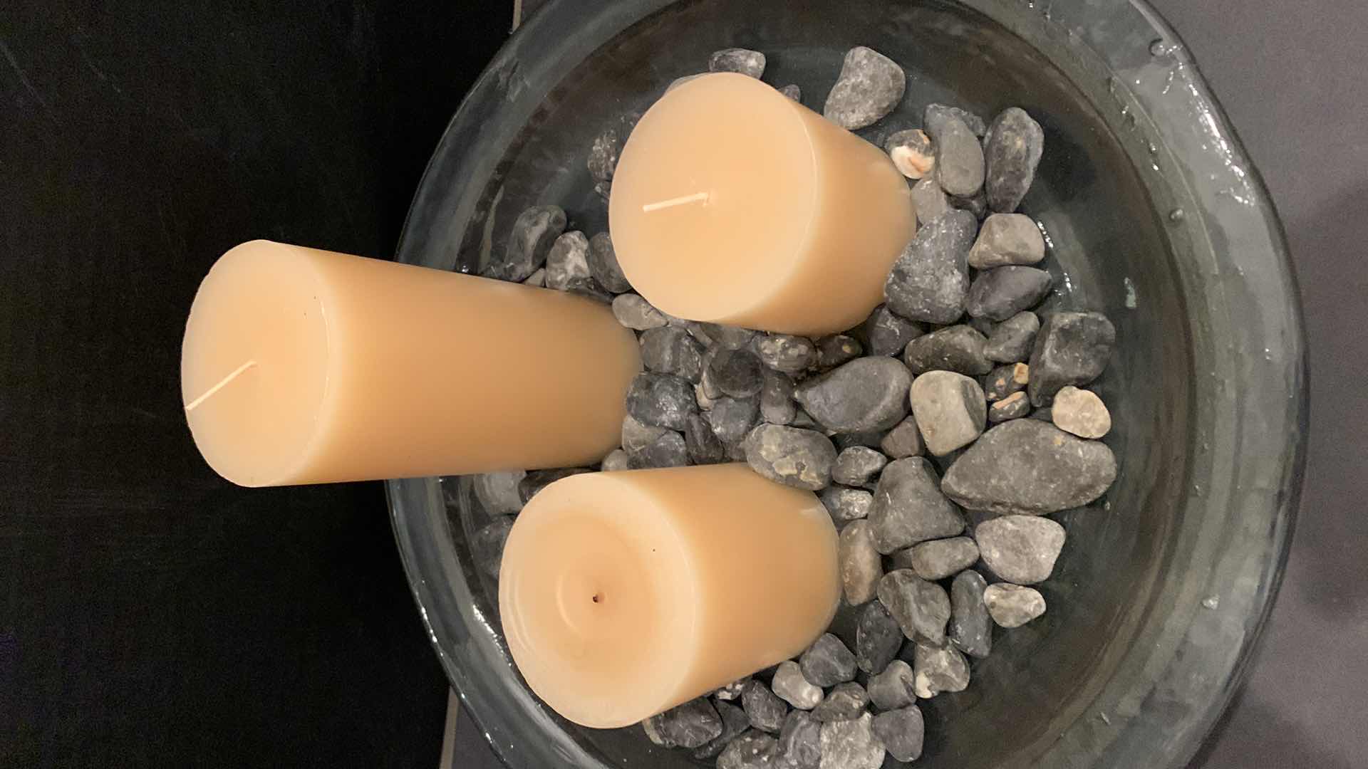 Photo 1 of GLASS BOWL ON METAL STAND WITH ROCKS AND THREE CANDLES, PLATE 15”