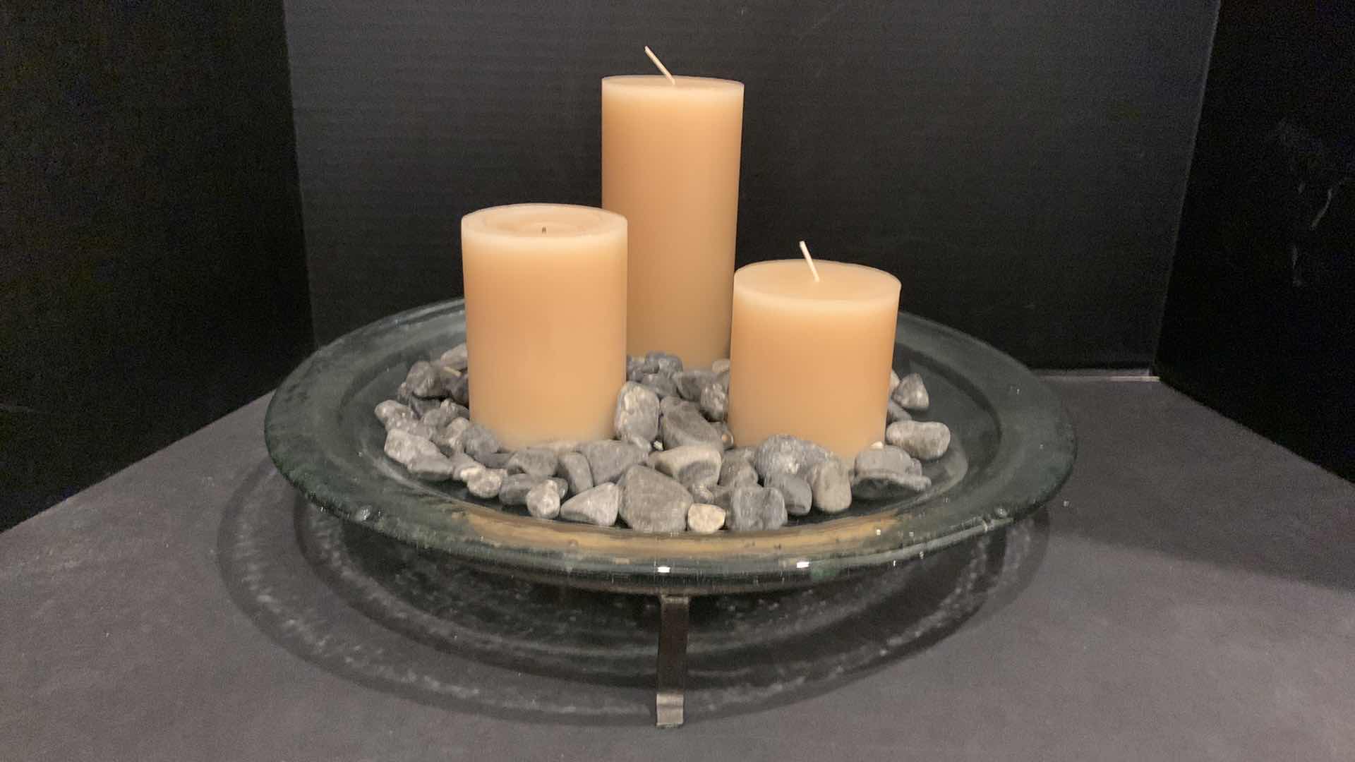 Photo 1 of GLASS BOWL ON METAL STAND WITH ROCKS AND THREE CANDLES, PLATE 15”