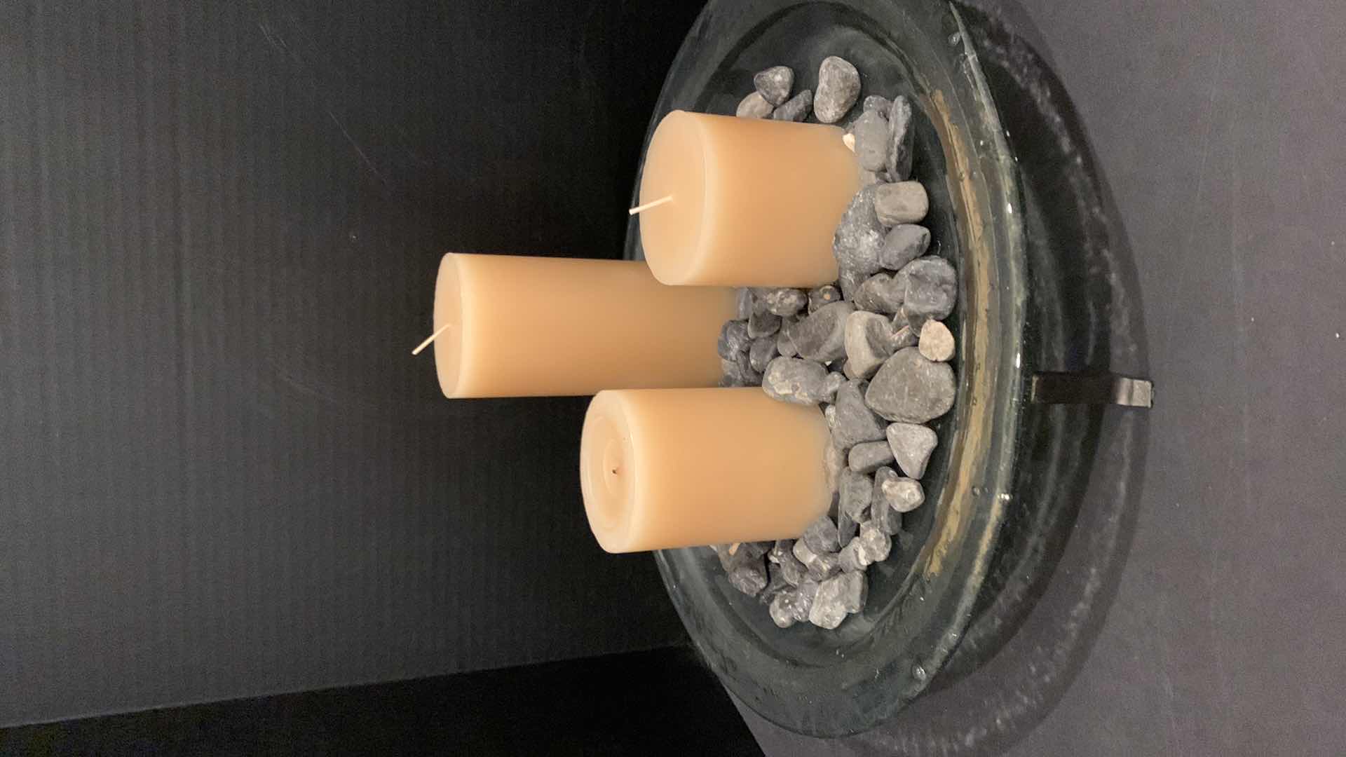 Photo 1 of GLASS BOWL ON METAL STAND WITH ROCKS AND THREE CANDLES, PLATE 15”