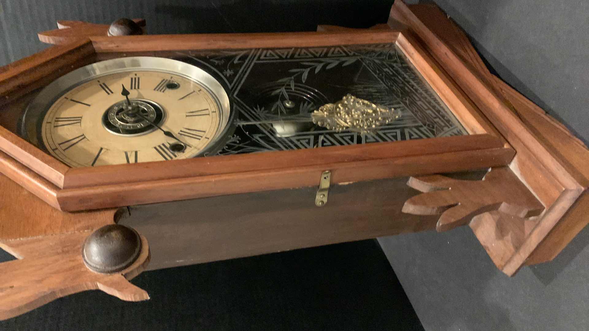 Photo 1 of AMERICA STRIKE WOOD CLOCK BY ANSONIA CLOCK COMPANY 12” x 21.5”