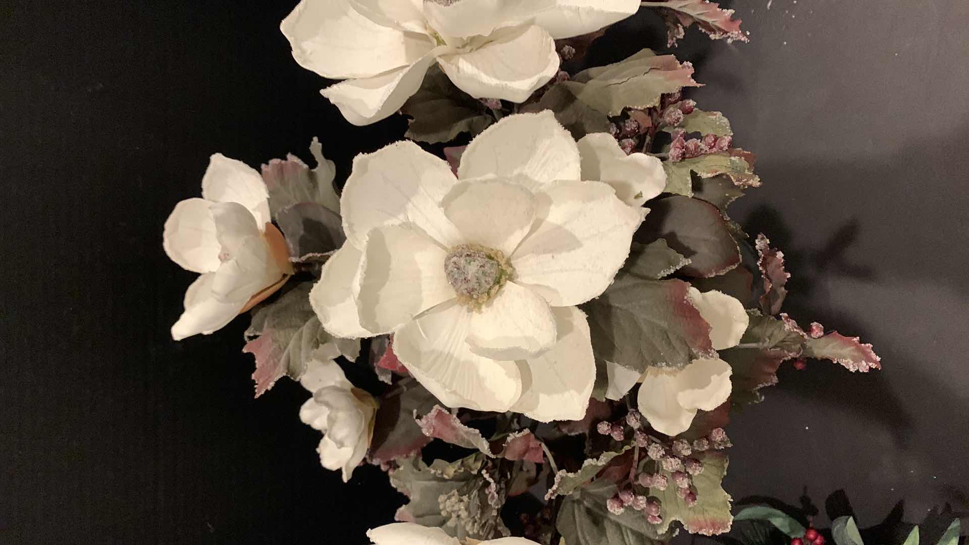 Photo 1 of TWO FAUX FLOWER ARRANGEMENTS IN VASES AND ONE WREATH