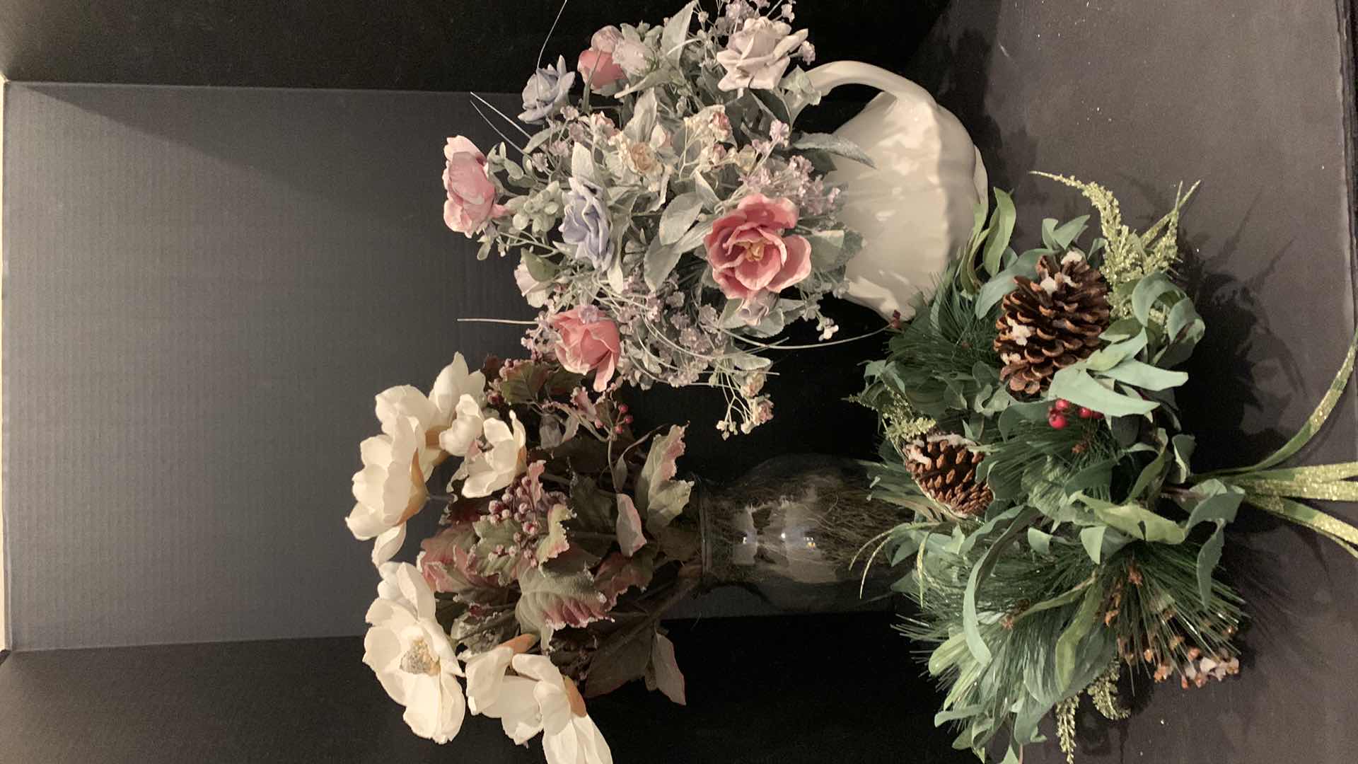 Photo 1 of TWO FAUX FLOWER ARRANGEMENTS IN VASES AND ONE WREATH