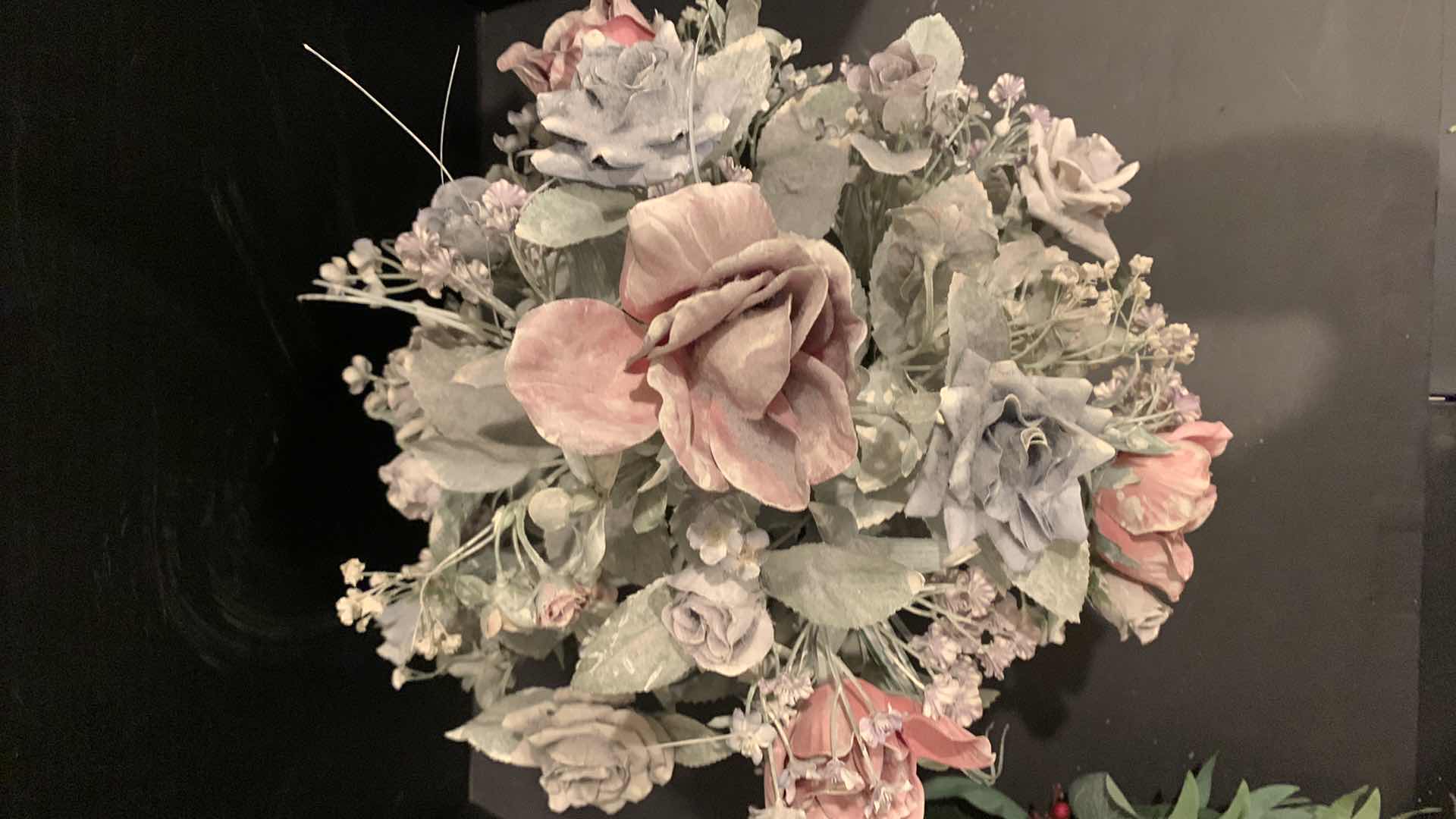 Photo 1 of TWO FAUX FLOWER ARRANGEMENTS IN VASES AND ONE WREATH