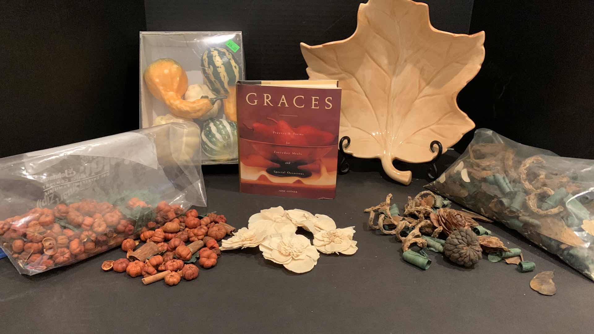 Photo 1 of AUTUMN DECOR, PORCELAIN LEAF BOWL, NEW GOURD ASSORTMENT, GRACES BOOK AND DRIED ORNAMENTAL PIECES