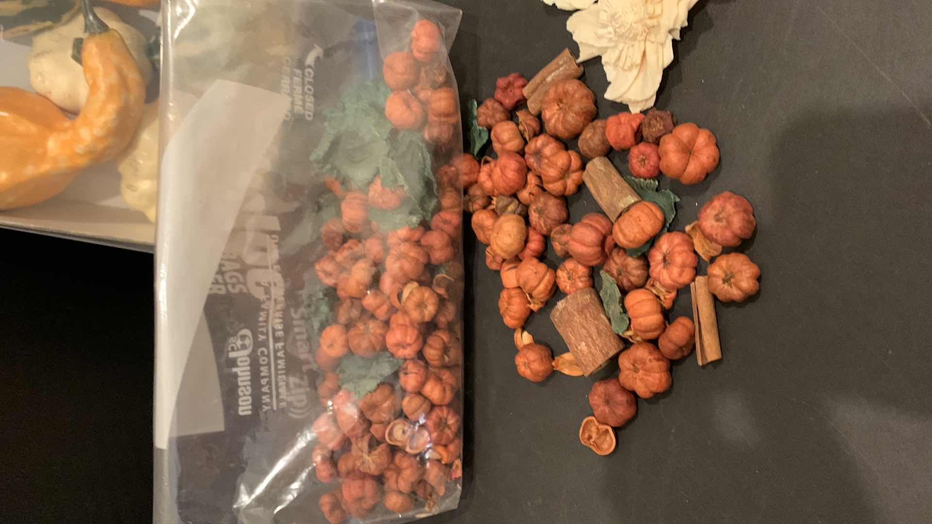 Photo 1 of AUTUMN DECOR, PORCELAIN LEAF BOWL, NEW GOURD ASSORTMENT, GRACES BOOK AND DRIED ORNAMENTAL PIECES