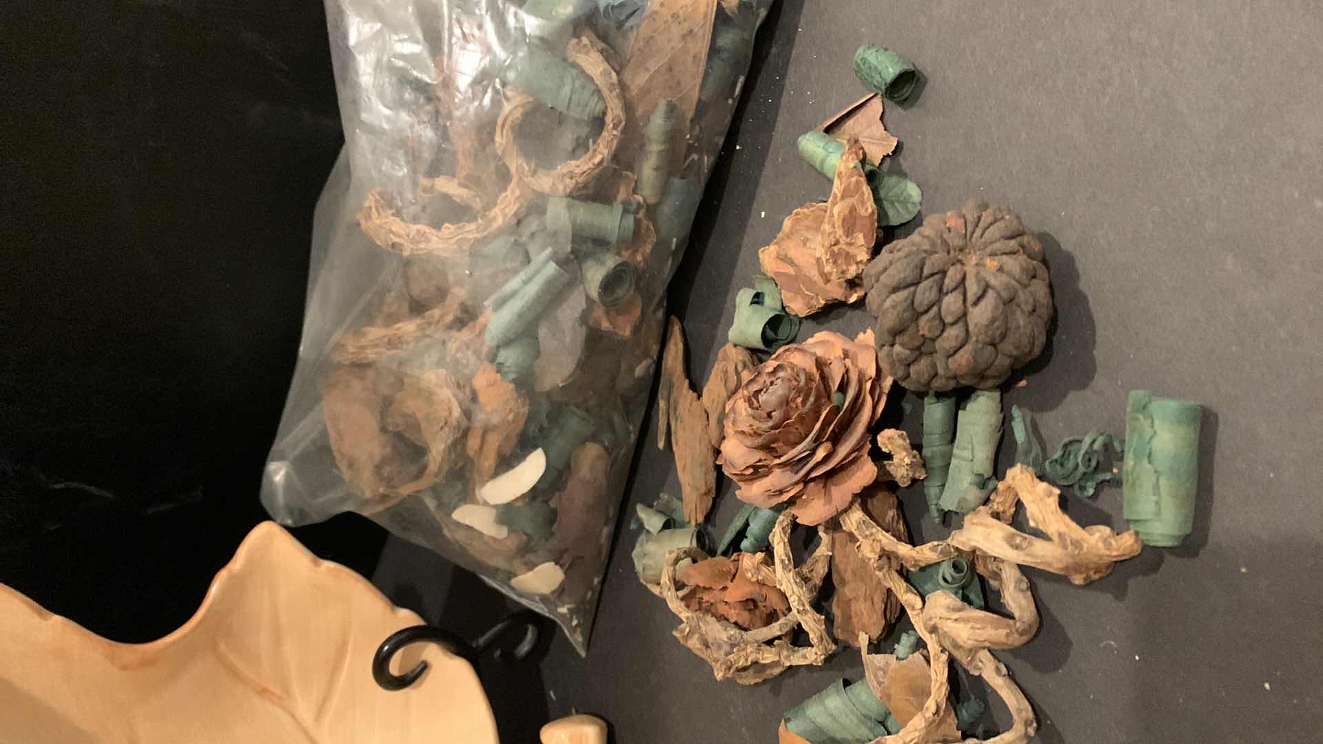 Photo 1 of AUTUMN DECOR, PORCELAIN LEAF BOWL, NEW GOURD ASSORTMENT, GRACES BOOK AND DRIED ORNAMENTAL PIECES