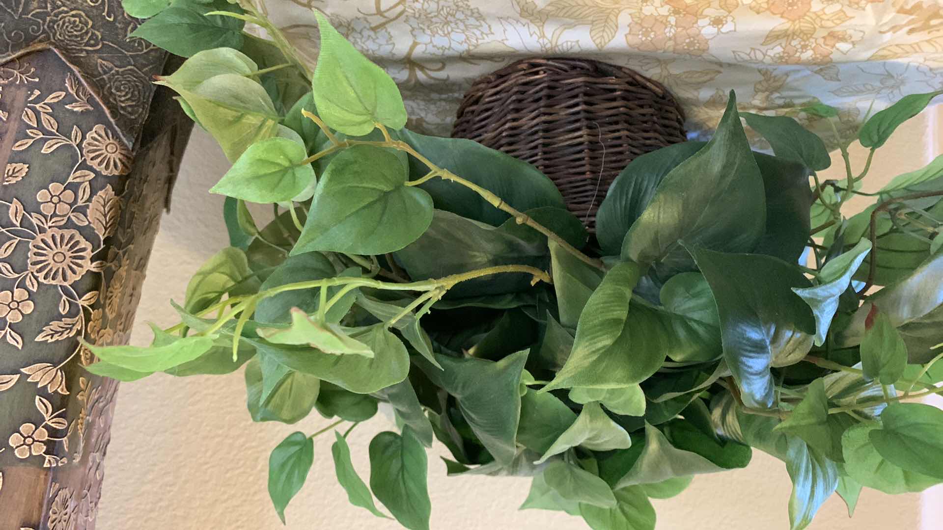 Photo 1 of HOME DECOR, TALL CERAMIC VASE W LEATHER  HEIGHT W REEDS 50” AND TWO FAUX GREENERY IN BASKETS