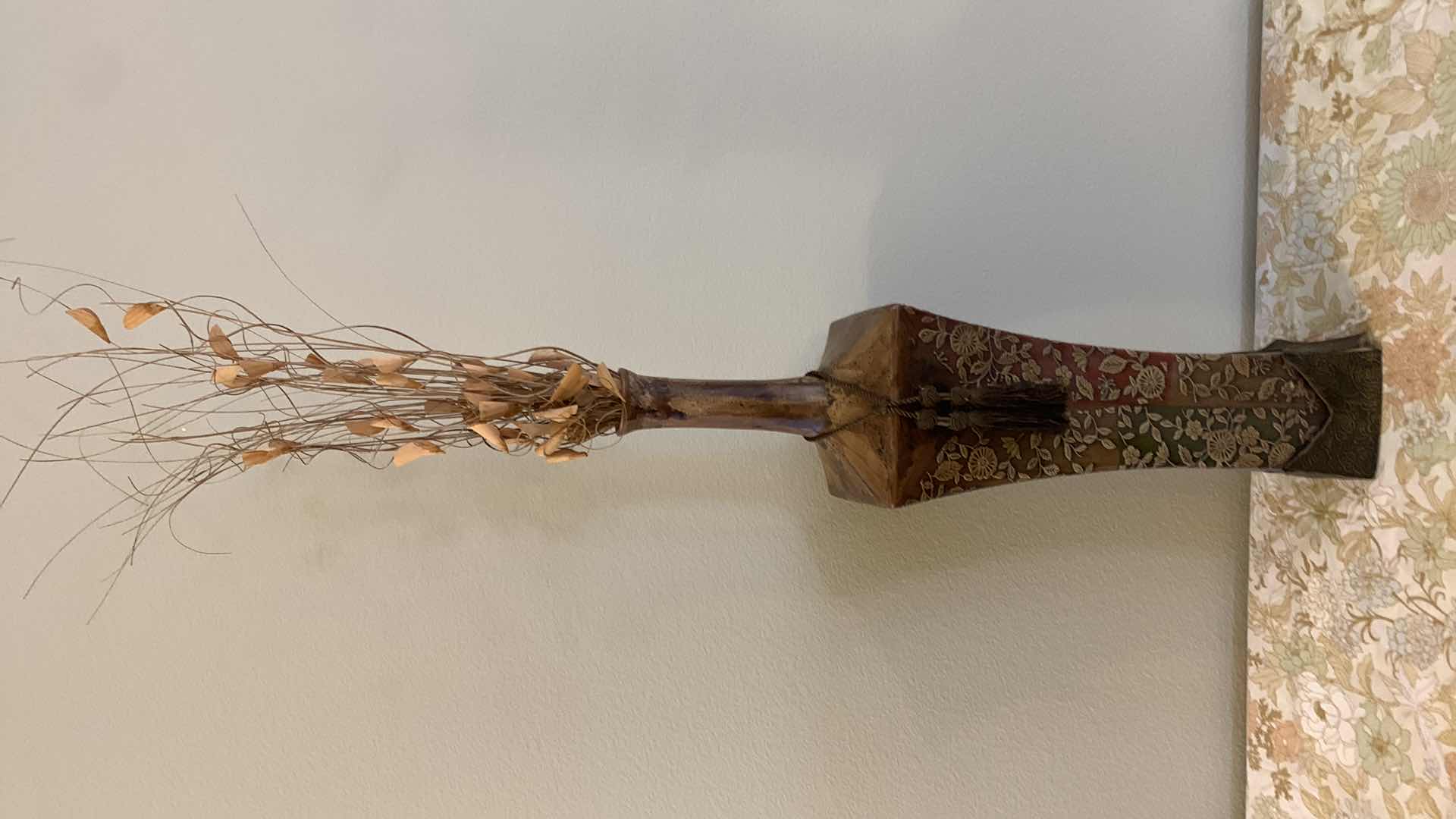 Photo 1 of HOME DECOR, TALL CERAMIC VASE W LEATHER  HEIGHT W REEDS 50” AND TWO FAUX GREENERY IN BASKETS