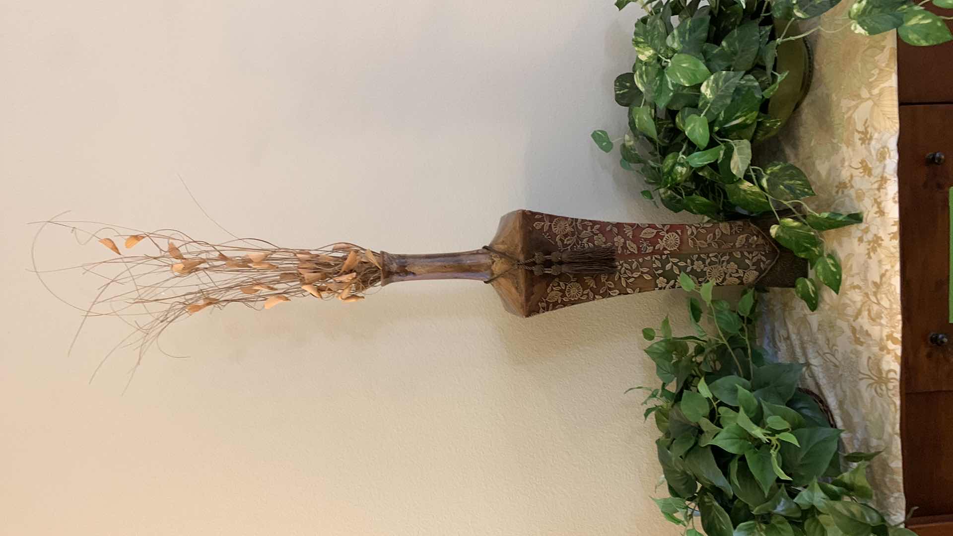 Photo 1 of HOME DECOR, TALL CERAMIC VASE W LEATHER  HEIGHT W REEDS 50” AND TWO FAUX GREENERY IN BASKETS