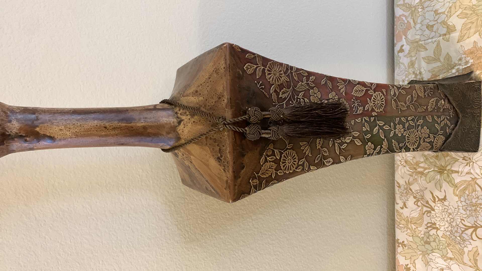 Photo 1 of HOME DECOR, TALL CERAMIC VASE W LEATHER  HEIGHT W REEDS 50” AND TWO FAUX GREENERY IN BASKETS