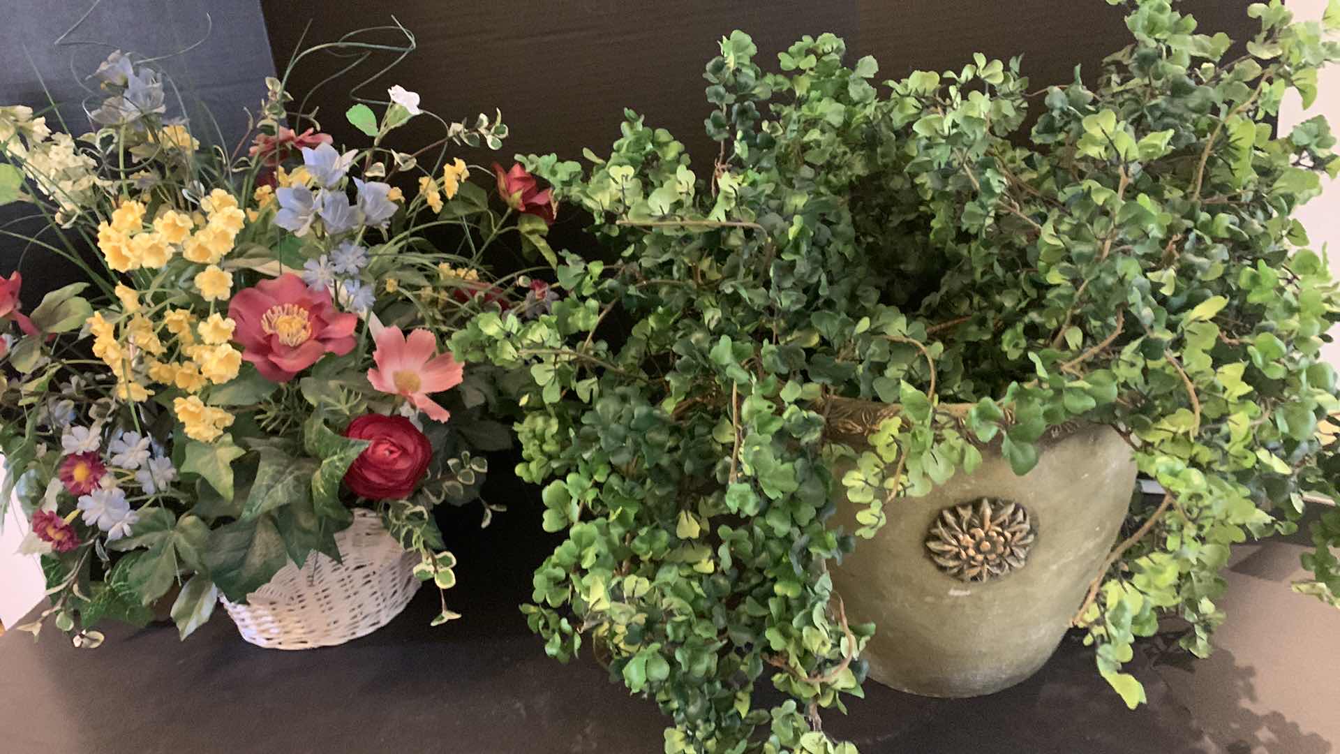 Photo 1 of TWO FAUX FLORAL ARRANGENENTS, WITH CERAMIC POT AND BASKET