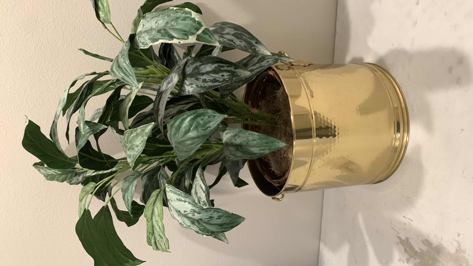 Photo 1 of BRASS PLANTER W HANDLES AND FAUX PLANT, 16 x H44”